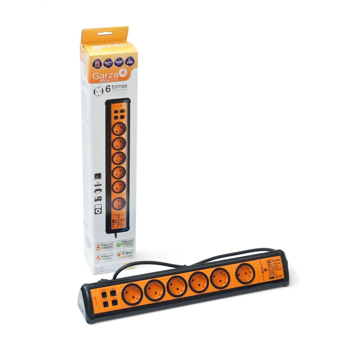 REGLETA GARZA 6 TOMAS + 2 USB + 2 RJ11+ 2 RJ45 CON PROTECCIÓN SOBRETENSIÓN Y SOBRECARGA CABLE 1,5mm+1,4m - Imagen 2